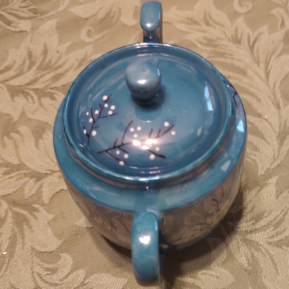 🔹⛩️🔹Gorgeous Antique 1940's Blue Lusterware Cherry Blossom Nippon Sugar Bowl - Picture 7 of 11